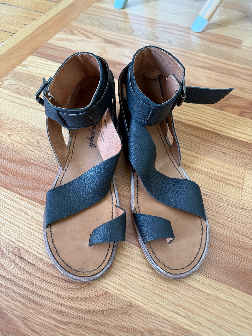 Free People Black Leather Ankle-Strap Sandals
